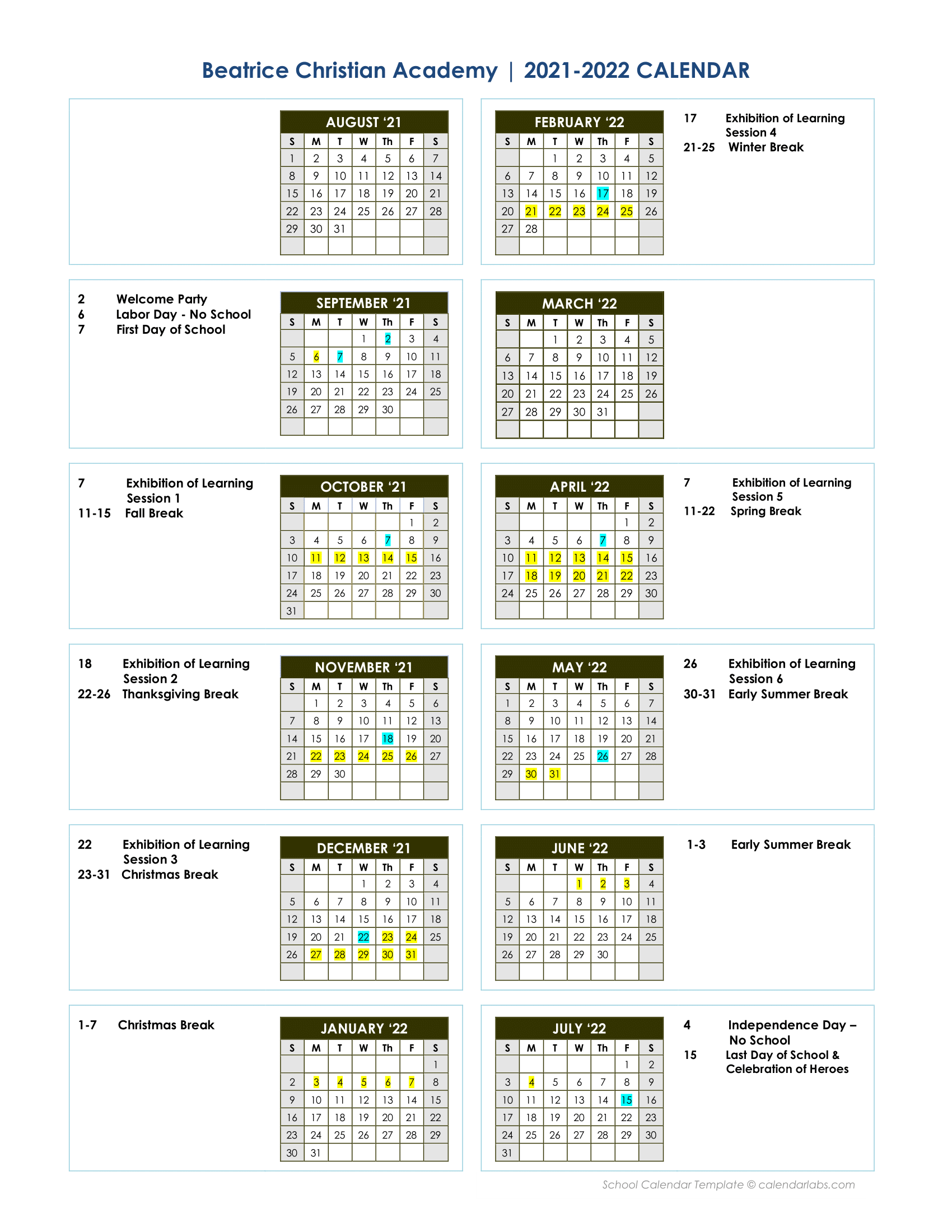2021-2022 BCA School Calendar
